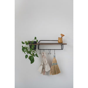 Metal & MDF Wall Shelf with Planter & 5 Hooks