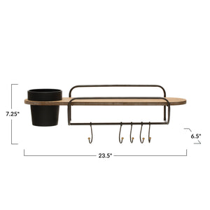 Metal & MDF Wall Shelf with Planter & 5 Hooks