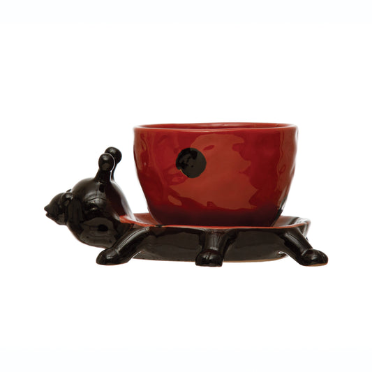 Pot, 3in, Stoneware, Ladybug with Saucer