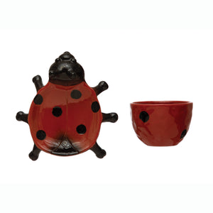 Pot, 3in, Stoneware, Ladybug with Saucer