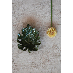 Stoneware Leaf Shaped Bowl with Reactive Glaze