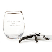 Load image into Gallery viewer, Wine Glass &amp; Corkscrew Set, Friends Wine Together
