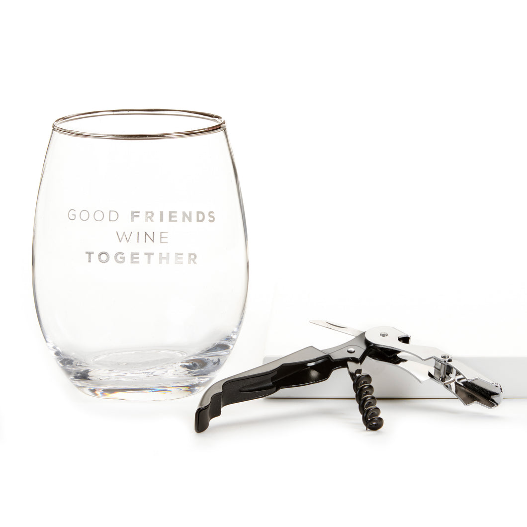 Wine Glass & Corkscrew Set, Friends Wine Together