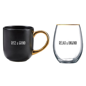 Ceramic Mug & Wine Glass Set, Rise/Relax