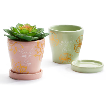 Pot, 3in, Ceramic, Lotus Themed with Saucer