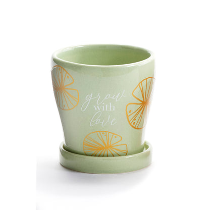 Pot, 3in, Ceramic, Lotus Themed with Saucer