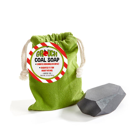 Grinch-Themed Coal Soap in Cotton Drawstring Bag