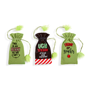 Grinch-Themed Drawstring Wine Bag with Sentiment