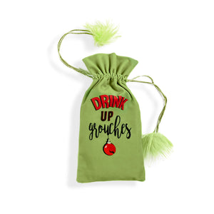 Grinch-Themed Drawstring Wine Bag with Sentiment