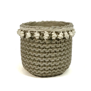 Pot, 6in, Cement Basket w/Tassel Trim, Grey