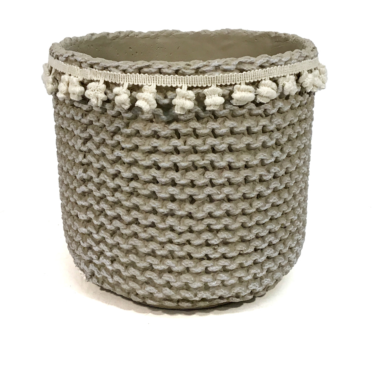 Pot, 10in, Cement Basket w/ Tassel Trim, Grey