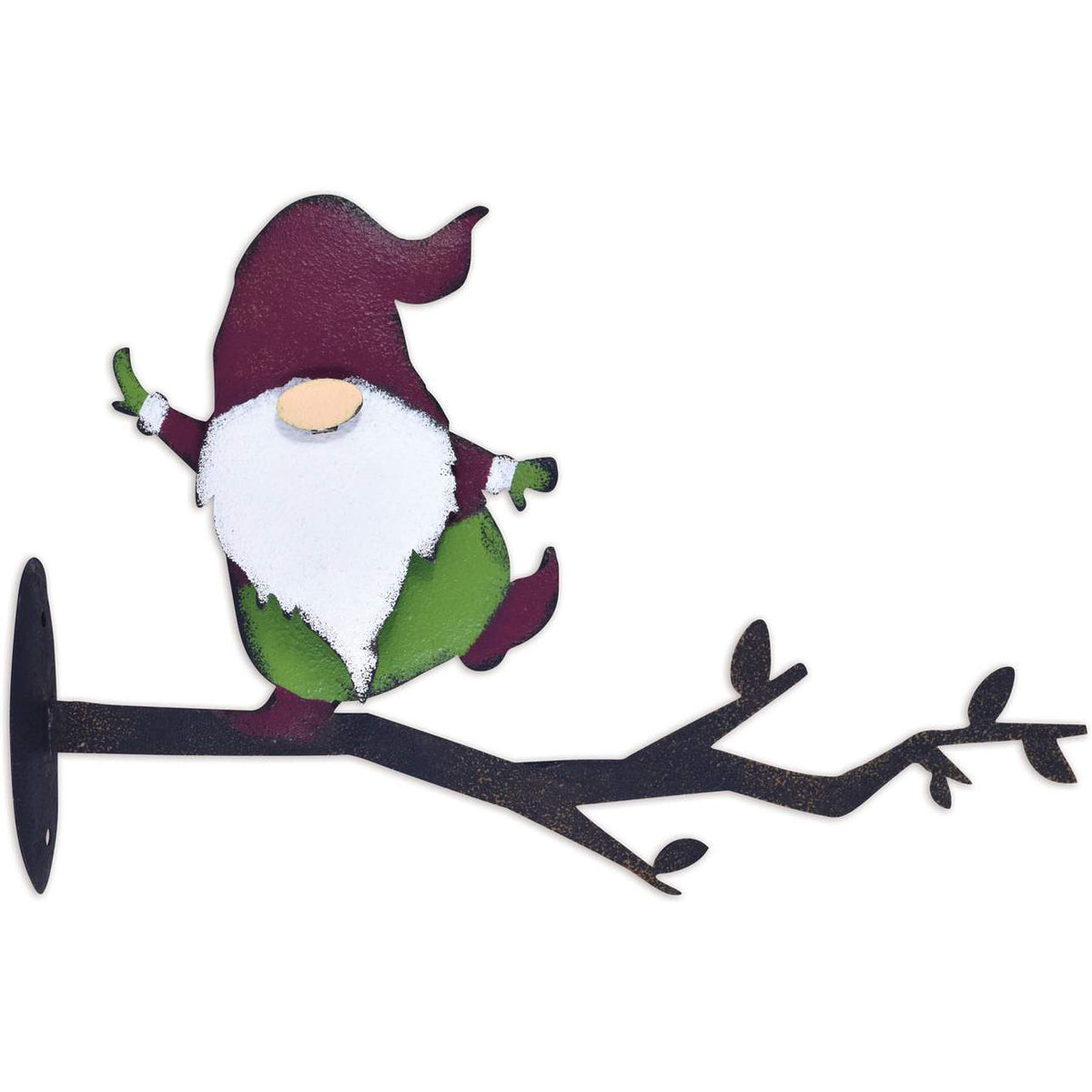 Metal Gnome on Branch Fence Post Decor, Red Hat