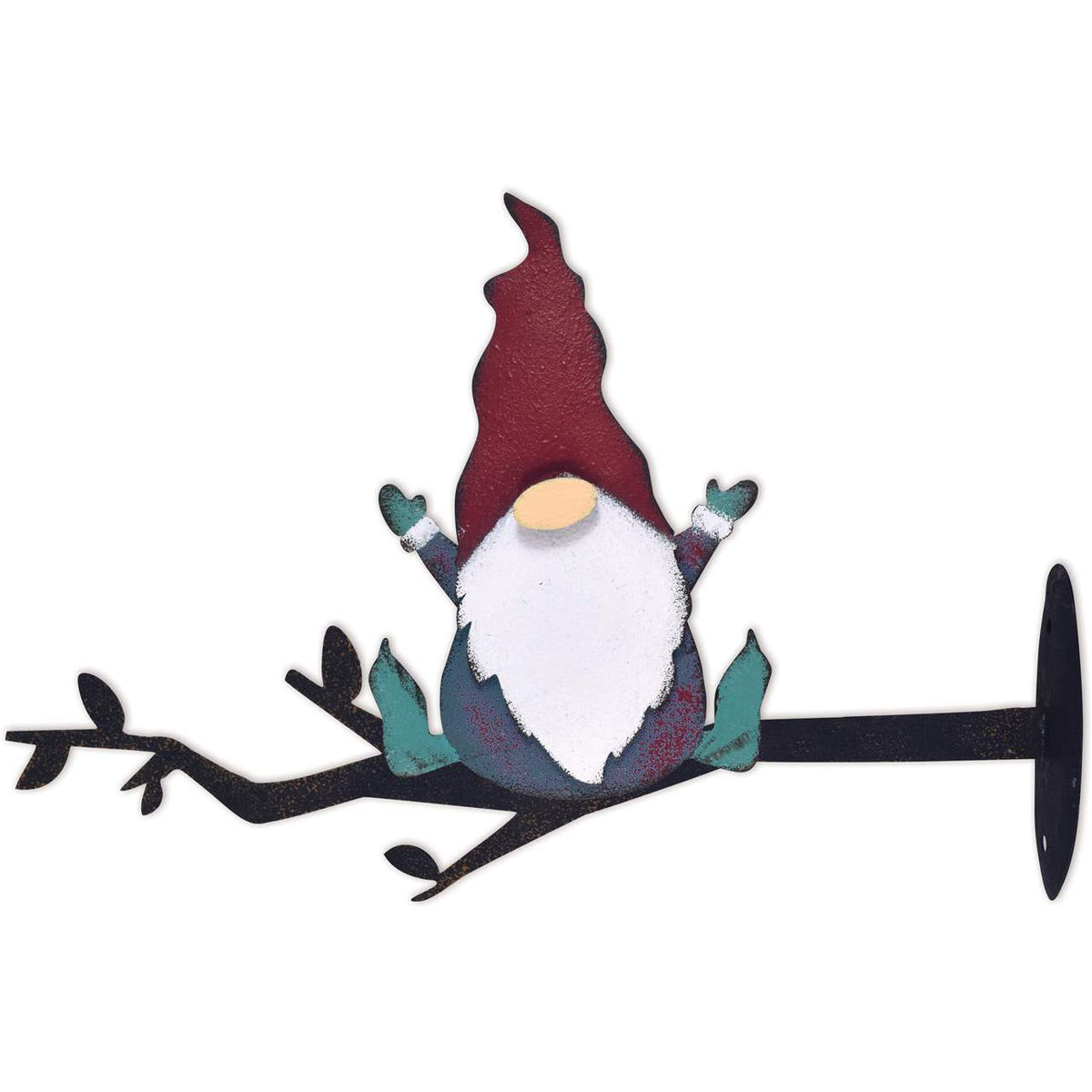Metal Gnome on Branch Fence Post Decor, Pointy Hat