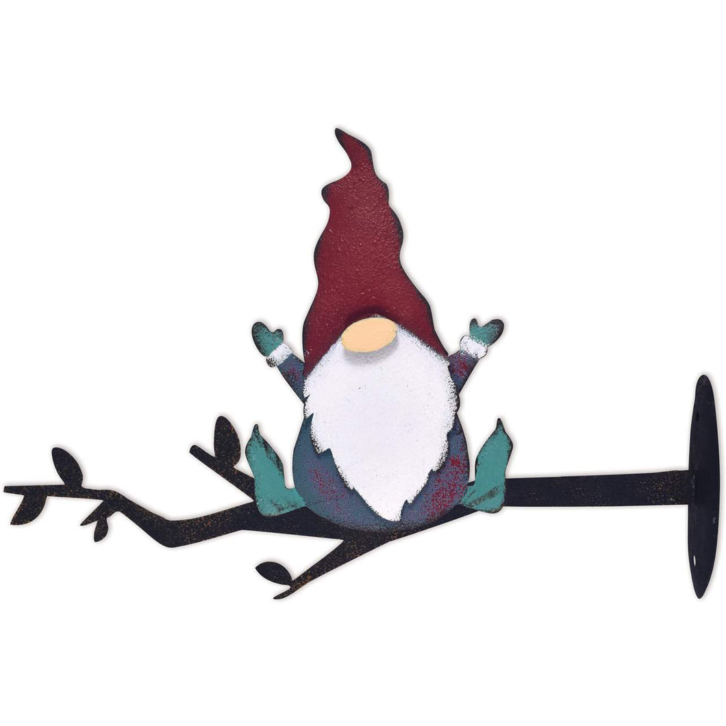Metal Gnome on Branch Fence Post Decor, Pointy Hat
