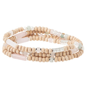 Wood/Stone/Metal Wrap Bracelet, Rose Quartz/Silver