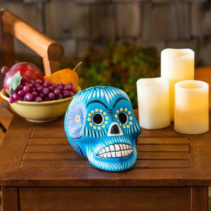 Teal Floral Skull Head Ceramic Statue