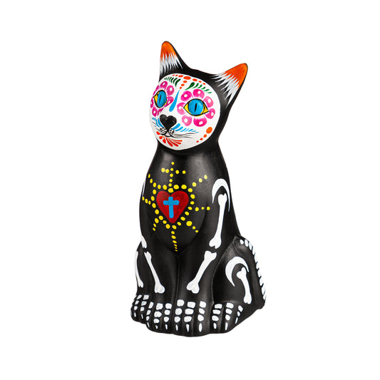 Sugar Skull Cat Ceramic Statue, 10in