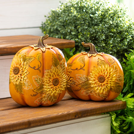 Carved Pumpkins with Sunflowers Decor, 8.5in
