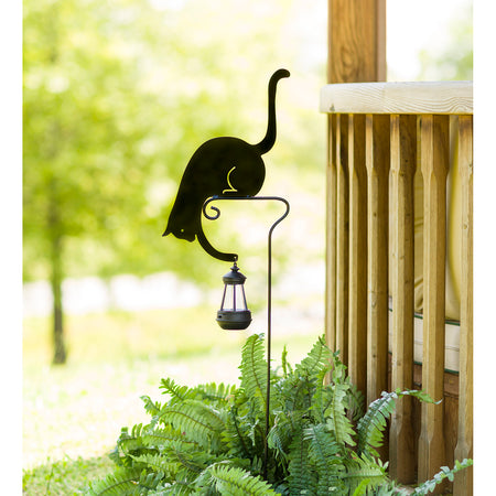 Solar Cat Silhouette Holding a Lantern Stake, 42in