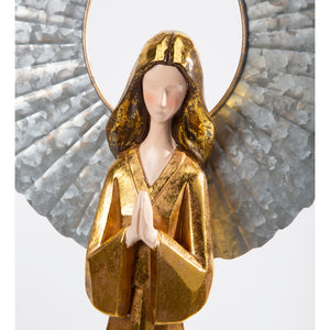 Golden Angel Metal Statue with Praying Hands, 36in