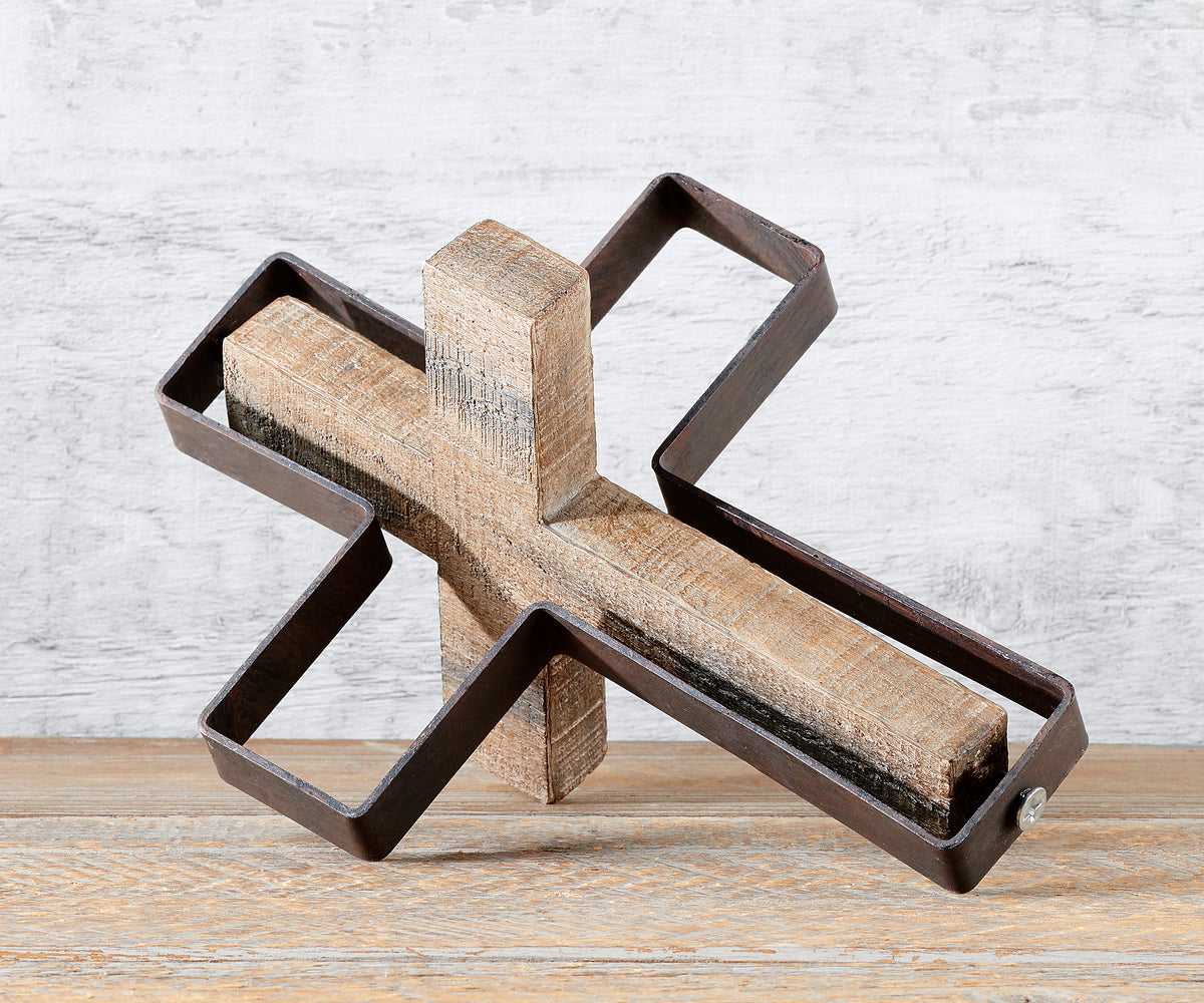 Metal & Wood-Look Rotating Cross Decor