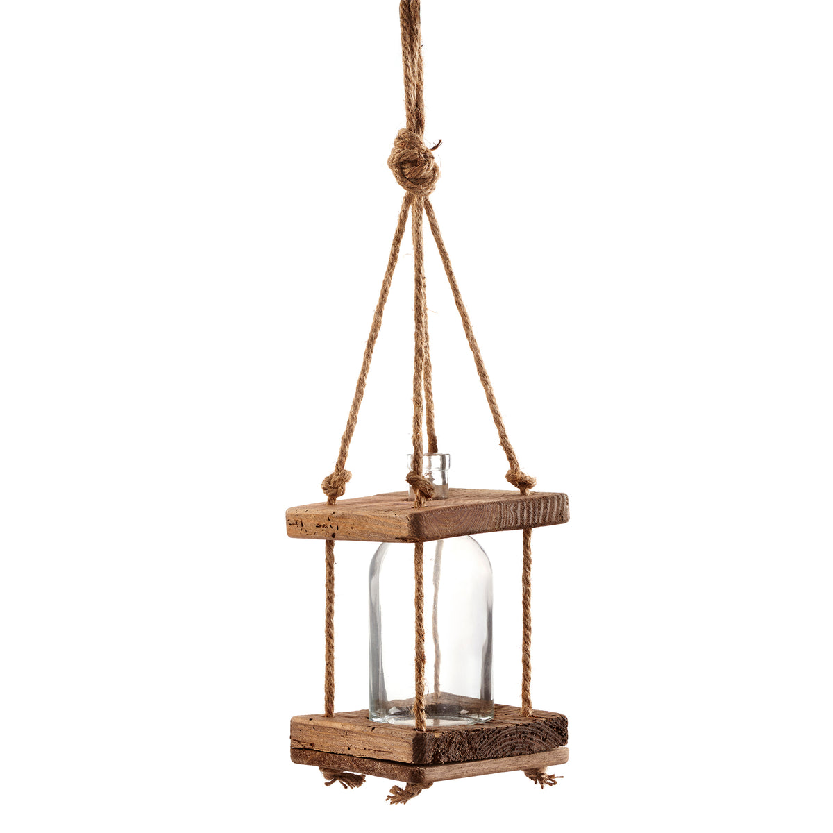 Hanging Pine & Glass Vase with Flax Rope