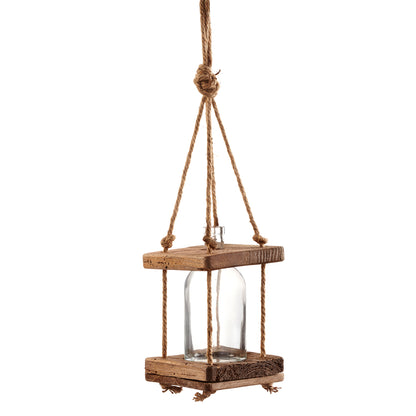 Hanging Pine & Glass Vase with Flax Rope