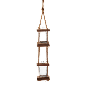 Hanging Pine & Glass Double Vase with Flax Rope