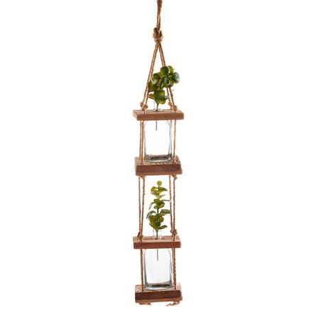 Hanging Pine & Glass Double Vase with Flax Rope
