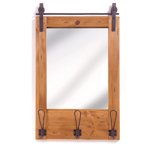 Framed Barn Door Wall Mirror with Hooks, 26in