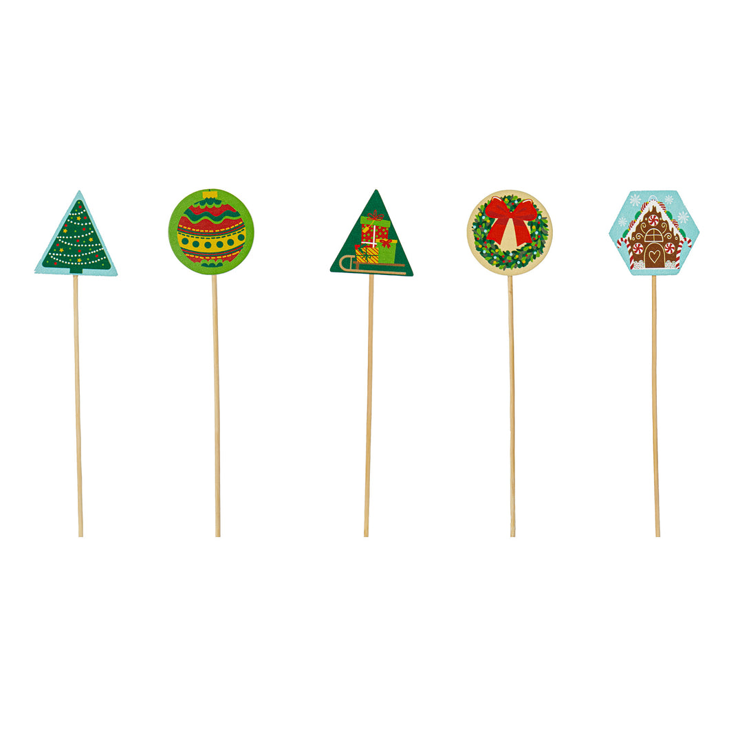 Wood Christmas Icons Plant Picks, Set of 5