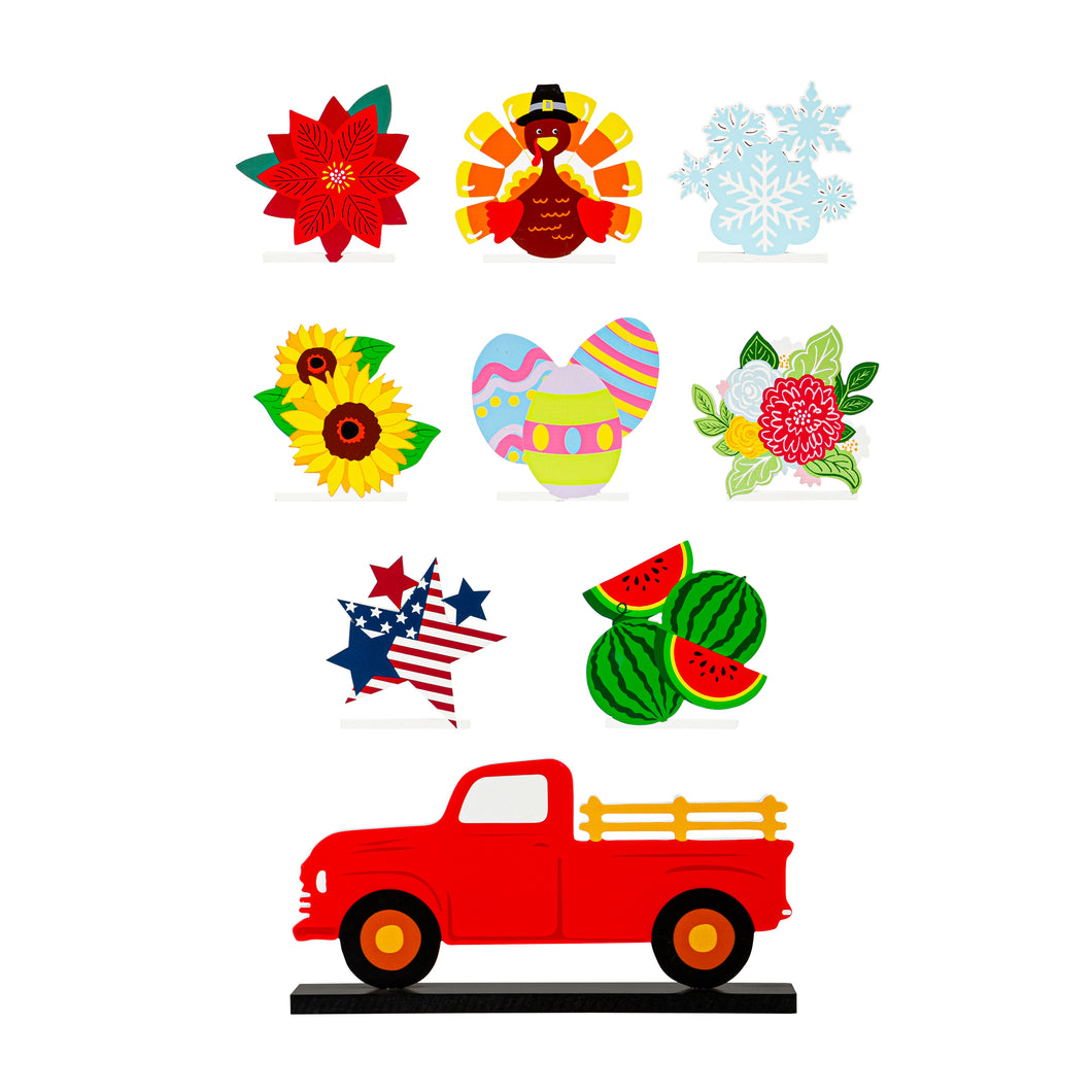 Wood Truck Decor with 8 Seasonal Icons, 9pc Set