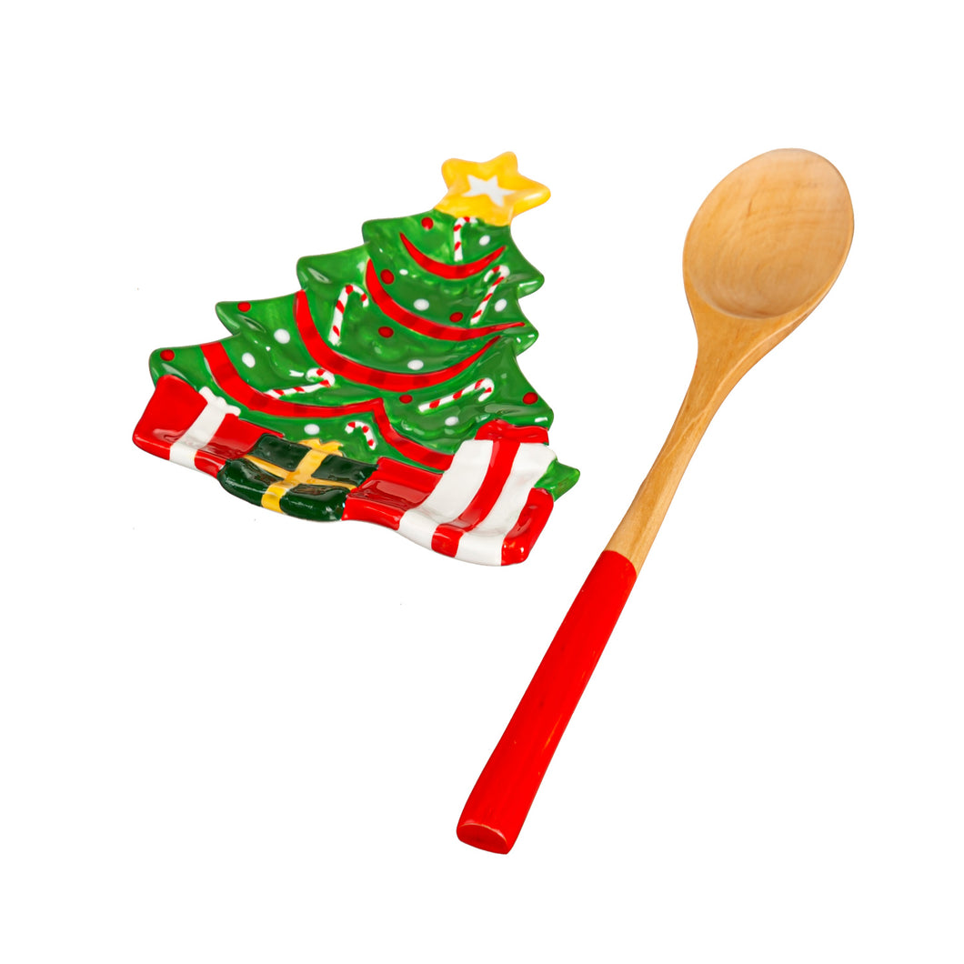 Xmas Tree Ceramic Spoon Rest & Wooden Spoon Set