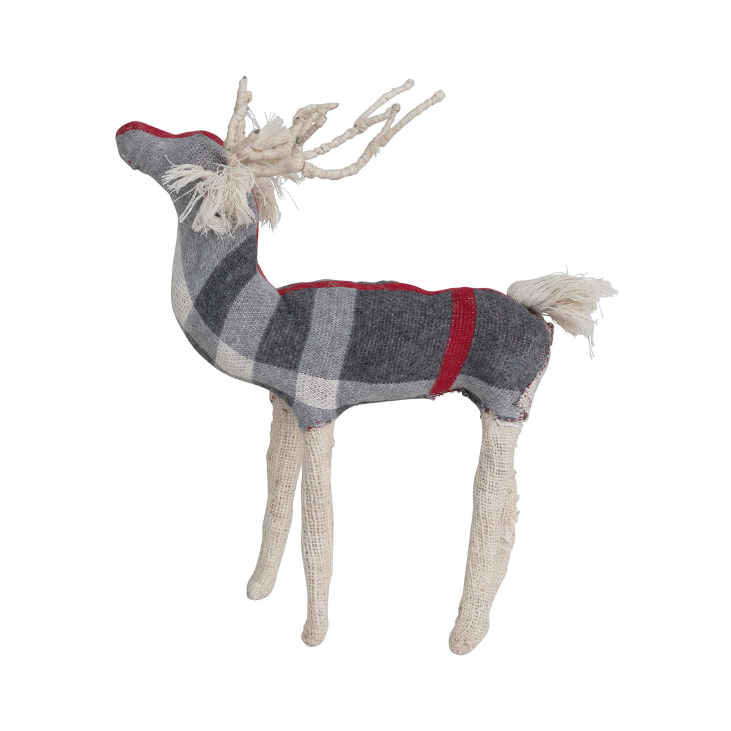 Cotton and Wire Plaid Reindeer Statue, 10in