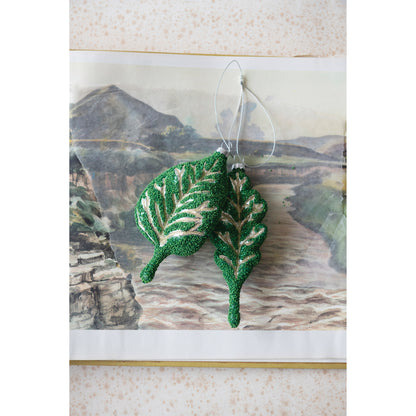Glass Green & Gold Beaded Leaf Ornament, 6in