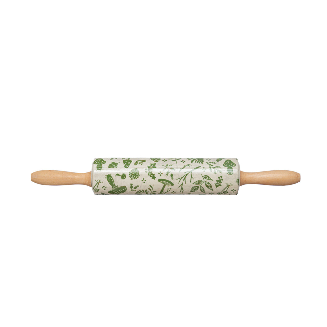 Stoneware Rolling Pin with Foliage Pattern