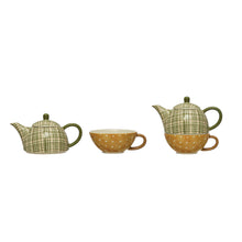 Load image into Gallery viewer, Stoneware Tea For One, Green &amp; Mustard Plaid/Dot
