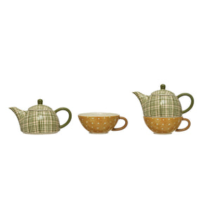 Stoneware Tea For One, Green & Mustard Plaid/Dot
