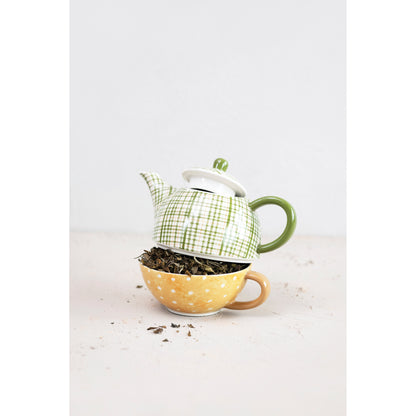 Stoneware Tea For One, Green & Mustard Plaid/Dot