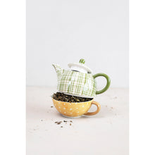 Load image into Gallery viewer, Stoneware Tea For One, Green &amp; Mustard Plaid/Dot
