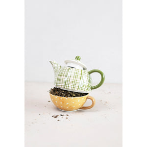 Stoneware Tea For One, Green & Mustard Plaid/Dot