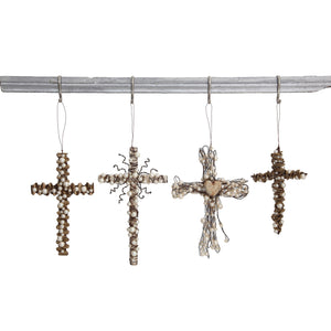 Wire Cross Ornament with Beaded Details, 7in