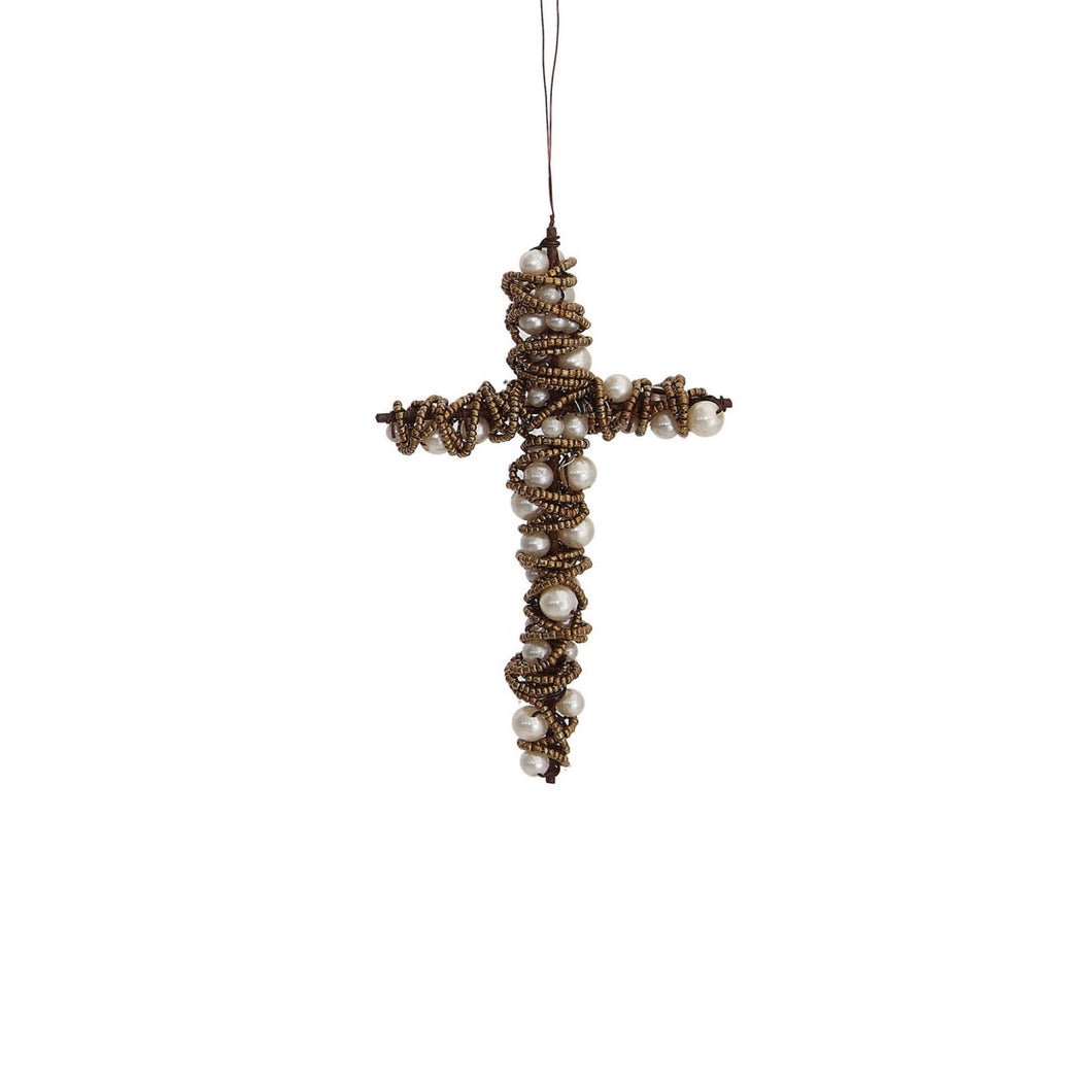 Wire Cross Ornament with Beaded Details, 7in