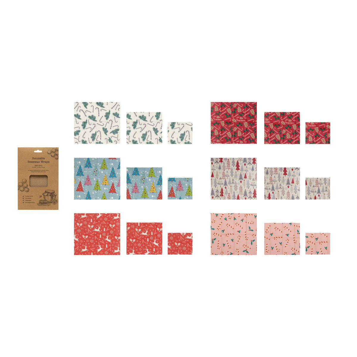 Christmas Print Beeswax Food Wraps, Set of 3
