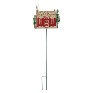 Metal Plant Pick with Christmas Cabin & Trees, 8in