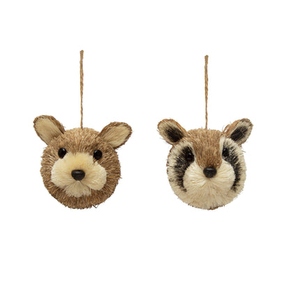 Sisal Bottle Brush Raccoon/Bear Head Ornament, 4in
