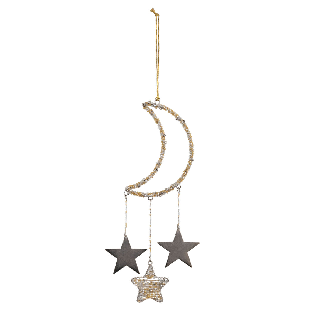 Beaded Moon and Stars Ornament, 11in