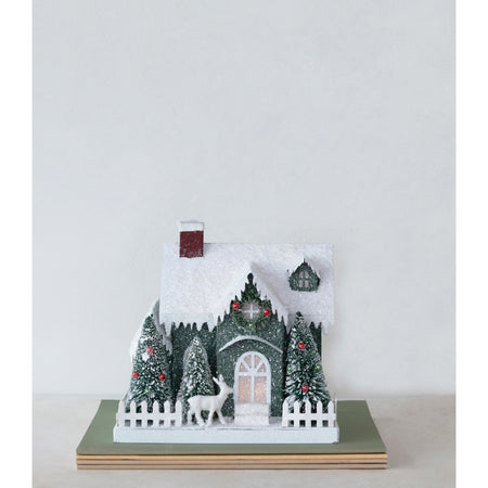 LED Christmas House with Bottle Brush Trees, 9.5in