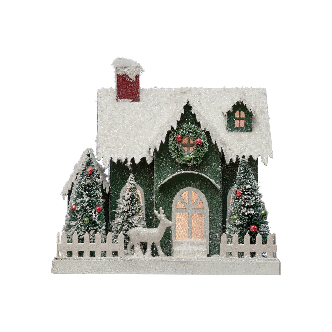 LED Christmas House with Bottle Brush Trees, 9.5in