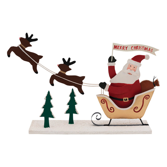 Metal Santa in Sleigh with Merry Christmas Banner